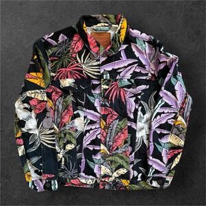 Levi Strauss Co Mens Tropical Floral Denim Jacket Large Multi Color Red Tab